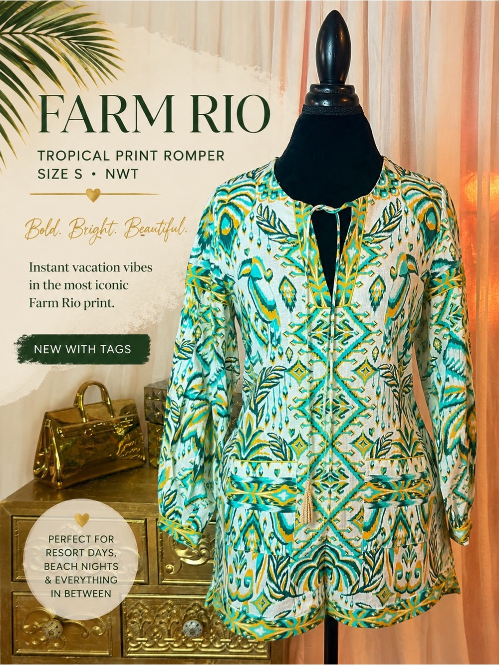 Farm Rio Tropical Bird Resort Print Tassel Romper Coverup NWT Size S